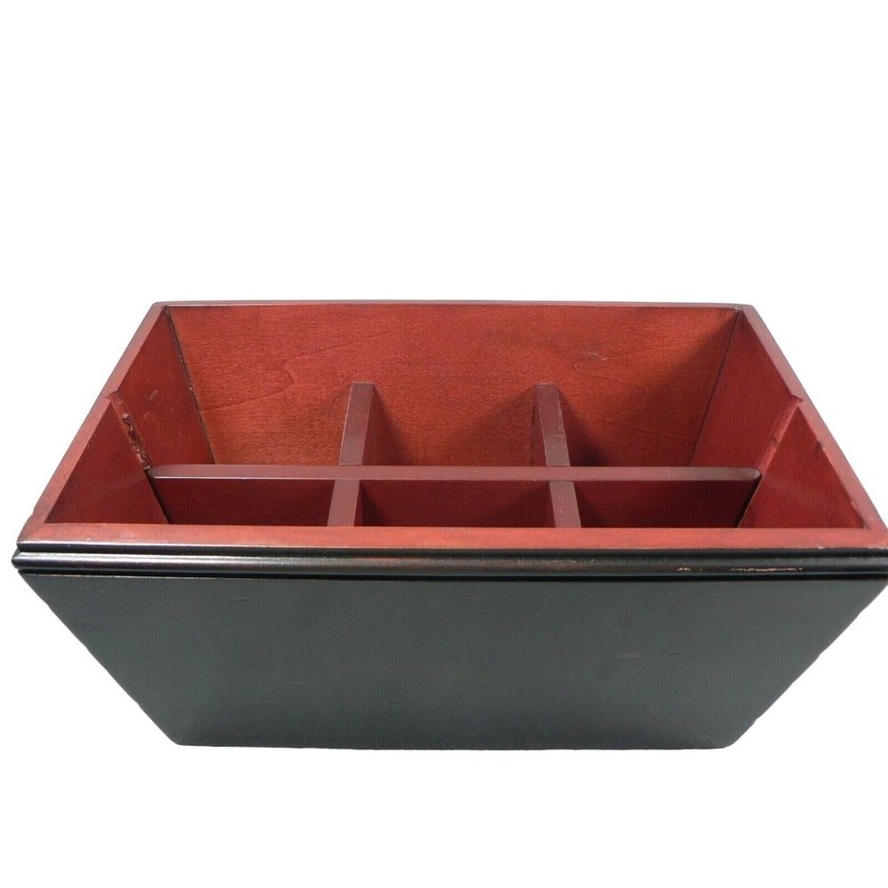 Organizer Napkin Holder Silverware 6 Sections Wood w/ Metal Handles Asian Styled